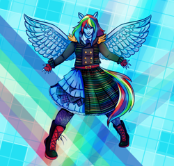 Size: 1700x1625 | Tagged: safe, artist:anaeeve, derpibooru import, rainbow dash, equestria girls, g4, abstract background, boots, clothes, dress, fingerless gloves, gloves, ponied up, shoes, smiling, solo, spread wings, wings