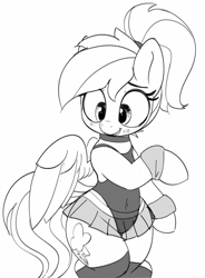 Size: 1997x2714 | Tagged: safe, artist:pabbley, derpibooru import, rainbow dash, pegasus, pony, semi-anthro, alternate hairstyle, bipedal, black and white, blush lines, blushing, choker, clothes, female, grayscale, high res, hockless socks, leotard, looking down, mare, monochrome, ponytail, see-through, simple background, skirt, smiling, socks, solo, stockings, thigh highs, white background, wide hips, wristband