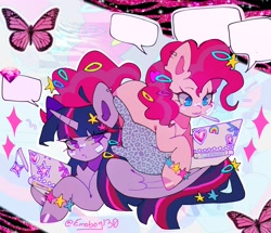 Size: 2136x1835 | Tagged: safe, artist:emoboy130, derpibooru import, pinkie pie, twilight sparkle, twilight sparkle (alicorn), alicorn, butterfly, earth pony, pony, g4, 3ds, :3, abstract background, alternate accessories, bandaid, big ears, blue eyes, bracelet, chest fluff, colored, colored hooves, colored pinnae, curly hair, curly mane, curly tail, diamond, duo, duo female, ear fluff, ear piercing, earring, ears, emanata, eye clipping through hair, eyebrows, eyebrows visible through hair, female, folded wings, glitter, hair accessory, hairclip, holding, horn, inconvenient pinkie, jewelry, large wings, leopard print, lidded eyes, long mane, long tail, looking at someone, looking at something, lying down, mane accessory, mouth hold, multicolored mane, multicolored tail, nintendo ds, open mouth, outline, piercing, pillow, pink coat, pink hooves, pink mane, pink tail, prone, purple coat, purple eyes, purple hooves, shiny eyes, shiny hooves, signature, sparkles, speech bubble, straight mane, straight tail, stylus, tail, tail accessory, tail clip, talking, text, tiger print, unicorn horn, wall of tags, wing fluff, wings, zoom layer