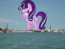 Size: 2048x1536 | Tagged: safe, artist:90sigma, derpibooru import, edit, editor:jaredking779, starlight glimmer, pony, unicorn, g4, attack on pony, butt, female, giant pony, giantess, glimmer glutes, grin, highrise ponies, horn, irl, italy, looking at you, looking back, looking back at you, macro, mare, photo, plot, ponies in real life, red eyes, s5 starlight, smiling, solo, story included, venice, vulgar description