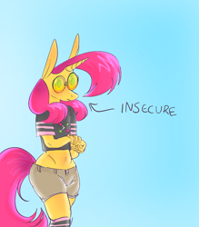 Size: 1400x1600 | Tagged: safe, artist:rubyrelax, derpibooru import, oc, oc only, oc:twister pop, anthro, unicorn, clothes, cutie mark on clothes, glasses, gradient background, horn, male, pink hair, shirt, shorts, socks, solo, wide hips