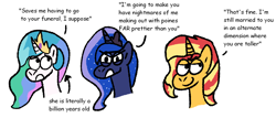 Size: 1458x625 | Tagged: safe, artist:zoeyhorse, derpibooru import, part of a set, princess celestia, princess luna, sunset shimmer, alicorn, earth pony, unicorn, g4, angry, bust, dialogue, divorce, female, furrowed brow, horn, lidded eyes, mare, simple background, smug, trio, trio female, white background