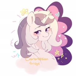 Size: 2048x2048 | Tagged: safe, artist:mikkybun, derpibooru import, oc, oc only, pony, unicorn, bust, commission, female, heart, horn, lidded eyes, mare, simple background, smiling, solo, stars, white background