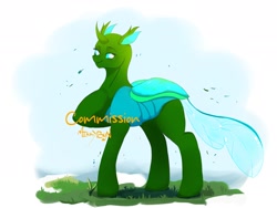 Size: 2048x1536 | Tagged: safe, artist:mikkybun, derpibooru import, oc, oc only, changedling, changeling, changedling oc, changeling oc, commission, hoof on chest, lidded eyes, simple background, smiling, solo, white background