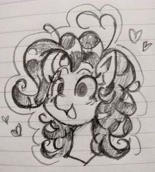 Size: 2680x2966 | Tagged: safe, artist:l4zy_4le, derpibooru import, pinkie pie, earth pony, pony, bust, cute, diapinkes, female, floating heart, grayscale, heart, lined paper, mare, monochrome, open mouth, open smile, pencil drawing, smiling, solo, traditional art