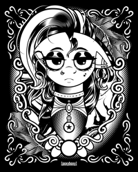 Size: 2400x3000 | Tagged: safe, artist:poxy_boxy, derpibooru import, pony, black and white, bust, commission, ear piercing, earring, eyeshadow, female, grayscale, high res, jewelry, lidded eyes, looking at you, makeup, mare, monochrome, nose piercing, nose ring, piercing, solo