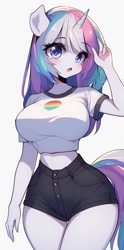 Size: 507x1024 | Tagged: safe, ai content, derpibooru import, machine learning generated, oc, anthro, unicorn, adorasexy, big breasts, breasts, busty oc, clothes, curvy, cute, female, horn, hourglass figure, impossibly thin waist, midriff, open mouth, prompter:horselover fat, sexy, short shirt, shorts, simple background, solo, standing, stupid sexy oc, thigh gap, unicorn oc, wasp waist, white background, wide hips
