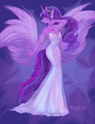 Size: 1419x1840 | Tagged: safe, artist:sarpiza_, derpibooru import, twilight sparkle, twilight sparkle (alicorn), alicorn, anthro, breasts, cleavage, clothes, dress, ear piercing, earring, female, gown, jewelry, large wings, mare, piercing, signature, solo, tiara, wings