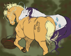 Size: 2158x1708 | Tagged: safe, artist:darnfallfog, derpibooru import, applejack, rarity, earth pony, horse, pony, unicorn, g4, applebutt, applejack's hat, applesub, bondage, bridle, butt, clothes, colored sketch, cowboy hat, cutie mark, duo, duo female, female, femsub, freckles, frog (hoof), hat, hat off, hoers, horn, horses doing horse things, intertwined tails, lesbian, looking back, magic, magical bondage, mare, mind control, neck hug, no more ponies at source, plot, raised hoof, raised leg, raridom, rarijack, realistic anatomy, shipping, shoulder freckles, sketch, submissive, tack, tail, underhoof