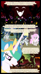 Size: 1280x2300 | Tagged: safe, artist:bigsnusnu, derpibooru import, princess celestia, star swirl the bearded, alicorn, deer, dragon, comic:dusk shine in pursuit of happiness, cewestia, female, filly, fire, fire breath, foal, jewelry, sad, silhouette, tiara, war, younger