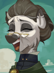 Size: 1560x2100 | Tagged: safe, artist:egil, derpibooru import, oc, oc only, oc:innalas ahutzam, zebra, equestria at war mod, bust, clothes, cloud, eyes closed, glasses, laughing, portrait, solo