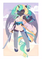Size: 2897x4096 | Tagged: safe, artist:saxopi, derpibooru import, oc, oc only, alicorn, anthro, clothes, commission, female, heterochromia, hoof hold, katana, mare, sandals, sky background, socks, solo, sword, thigh highs, weapon