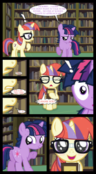 Size: 1280x2300 | Tagged: safe, artist:bigsnusnu, derpibooru import, dusk shine, moondancer, twilight sparkle, unicorn, comic:dusk shine in pursuit of happiness, book, bookshelf, colt, cute, dancerbetes, dialogue, duo, female, filly, filly moondancer, foal, glasses, happy, horn, librarian, library, looking back, male, rule 63, shy, sparkles, younger