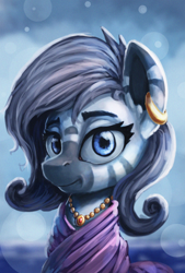 Size: 3096x4568 | Tagged: safe, artist:ryanmandraws, derpibooru import, oc, oc only, oc:zaphod zarca, zebra, equestria at war mod, bust, clothes, ear piercing, earring, jewelry, necklace, piercing, portrait, solo