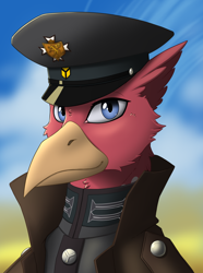 Size: 2000x2692 | Tagged: safe, artist:twotail813, derpibooru import, oc, oc only, oc:heinz featherhoff, griffon, equestria at war mod, bust, cap, clothes, hat, portrait, solo