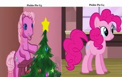 Size: 811x512 | Tagged: safe, derpibooru import, edit, edited screencap, screencap, pinkie pie, pinkie pie (g3), earth pony, pony, a very minty christmas, g3, g4, three's a crowd, bipedal, chair, christmas, christmas tree, comparison, decoration, female, g3 to g4, generation leap, holiday, open mouth, open smile, pinterest, smiling, standing, text, tree, wrong aspect ratio