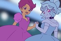 Size: 1280x854 | Tagged: safe, artist:qsky, derpibooru import, scootaloo, oc, oc:jemimasparkle, human, equestria girls, g4, canon x oc, choker, cinderella, clothes, dancing, dress, duo, evening gloves, female, gloves, gown, holding hands, lesbian, long gloves, looking at you, open mouth, poofy shoulders, princess, smiling