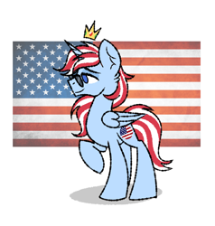 Size: 3490x3672 | Tagged: safe, artist:northglow, derpibooru import, oc, oc only, alicorn, pony, american flag, crown, jewelry, nation ponies, ponified, regalia, simple background, smiling, solo, species swap, sunglasses, united states