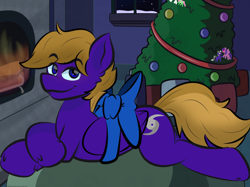 Size: 2048x1535 | Tagged: safe, artist:doodlesdoodles8, derpibooru import, oc, oc only, oc:wing front, pegasus, pony, bound wings, brown mane, brown tail, christmas, christmas tree, draw me like one of your french girls, fire, fireplace, gift wrapped, holiday, living room, lying down, pegasus oc, present, prone, purple coat, ribbon, smiling, snow, tail, tree, window, wings