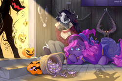 Size: 2351x1567 | Tagged: safe, artist:z0ri0n, derpibooru import, oc, oc only, earth pony, pony, unicorn, candy, clothes, costume, dark, food, halloween, halloween costume, holiday, horn, witch