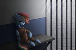 Size: 4473x2988 | Tagged: safe, artist:viryav, derpibooru import, rainbow dash, pegasus, bound wings, chained, chains, clothes, commissioner:rainbowdash69, cuffed, cuffs, never doubt rainbowdash69's involvement, prison outfit, prisoner, prisoner rd, sad, shackles, solo, wings