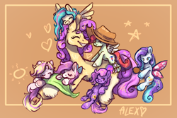 Size: 1080x720 | Tagged: artist needed, safe, derpibooru import, oc, oc:chai leche, oc:curious query, oc:flux key, oc:icy hot, oc:post haste, oc:quickdraw, oc:shooting star, changeling, earth pony, pegasus, unicorn, blanket, bow, brush, charm, commissioner:dhs, cowboy hat, cute, dreamcatcher, family, female, handkerchief, hat, heart, horn, mother and child, mother and daughter, parent and child, simple background, sleeping, smiling, stars, unshorn fetlocks