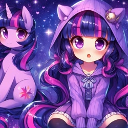 Size: 1024x1024 | Tagged: source needed, safe, ai content, derpibooru import, generator:bing image creator, generator:dall-e 3, machine learning generated, twilight sparkle, unicorn twilight, human, pony, unicorn, g4, :o, anime, bangs, blushing, bow, child, clothes, cute, duality, duo, female, galaxy, heart, hoodie, horn, human ponidox, humanized, light skin, long hair, long socks, looking at you, open mouth, pony ears, prompter needed, ribbon, self paradox, self ponidox, shirt, sitting, skirt, smiling, socks, sparkles, stars, twiabetes, wrong cutie mark