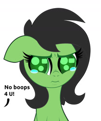 Size: 1500x1800 | Tagged: safe, artist:scandianon, derpibooru import, oc, oc only, oc:anon filly, pony, crying, dialogue, female, filly, foal, sad, scrunchy face, simple background, teary eyes, white background