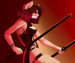 Size: 3000x2500 | Tagged: safe, artist:anastas, derpibooru import, oc, oc only, oc:naga, anthro, earth pony, pony, bracelet, breasts, clothes, dress, female, jewelry, katana, latex, latex dress, red light, side slit, solo, spiked wristband, sword, teeth, total sideslit, weapon, wristband