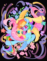 Size: 1575x2062 | Tagged: safe, artist:chonpsk, derpibooru import, fluttershy, rainbow dash, butterfly, pegasus, pony, g4, black background, blushing, duo, duo female, female, flower, flutterdash, flying, hoof around neck, lesbian, looking at each other, looking at someone, mare, shipping, simple background, smiling, smiling at each other, stars, wings