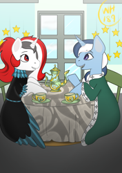Size: 1000x1414 | Tagged: safe, artist:wh189, derpibooru import, oc, oc:red rocket, oc:river swirl, equestria at war mod, background, chair, clothes, dress, kettle, robe, table, talking, tea cups, tea party, window