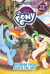 Size: 2728x4000 | Tagged: safe, derpibooru import, boyle, captain celaeno, rainbow dash, anthro, bird, parrot, pegasus, pony, g4, my little pony: the movie, beauty mark, beyond equestria, chest fluff, cover, cover art, duo focus, female, flying, hat, looking at you, male, mare, mullet (g4), my little pony logo, my little pony: beyond equestria: rainbow dash rights the ship, official, open mouth, open smile, parrot pirates, pirate, pirate hat, smiling, spread wings, squabble, wings
