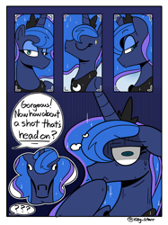 Size: 2202x2950 | Tagged: safe, artist:icey, derpibooru import, princess luna, alicorn, pony, g4, comic, high res, hoers, horse problems, passepartout, photo shoot, solo, speech bubble, suddenly hoers