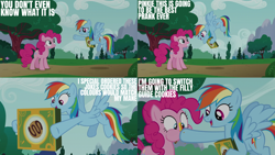 Size: 2000x1125 | Tagged: safe, derpibooru import, edit, edited screencap, editor:quoterific, screencap, pinkie pie, rainbow dash, earth pony, pegasus, 28 pranks later, g4, season 6, cookie, cookie box, duo, duo female, female, food, mare