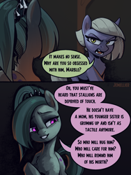 Size: 1800x2400 | Tagged: safe, artist:jewellier, derpibooru import, part of a set, limestone pie, marble pie, earth pony, pony, series:ask the pie sisters, g4, alternate hairstyle, alternate universe, ask, comic, duo, english, female, implied big macintosh, implied marblemac, implied shipping, implied straight, marbellise delilah pie, mare, ponytail, speech bubble, text, translation