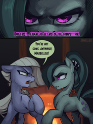 Size: 1800x2400 | Tagged: safe, artist:jewellier, derpibooru import, part of a set, limestone pie, marble pie, earth pony, pony, series:ask the pie sisters, g4, alternate hairstyle, alternate universe, ask, comic, duo, english, female, fireplace, marbellise delilah pie, mare, ponytail, speech bubble, text, translation