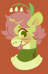 Size: 1173x1817 | Tagged: oc name needed, safe, artist:friendlyfloaty, derpibooru import, oc, oc only, earth pony, pony, :p, bust, earth pony oc, green coat, green eyes, orange background, pink mane, plant, portrait, simple background, smiling, solo, tongue, tongue out