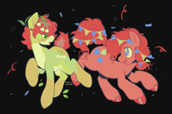 Size: 2171x1438 | Tagged: oc name needed, safe, artist:stagsbane, derpibooru import, pinkie pie, oc, earth pony, pony, ambiguous gender, black background, canon x oc, confetti, duo, female, green coat, mare, simple background, smiling