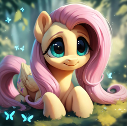 Size: 827x823 | Tagged: safe, ai content, derpibooru import, generator:purplesmart.ai, generator:stable diffusion, machine learning assisted, machine learning generated, fluttershy, butterfly, pegasus, pony, g4, beautiful, big eyes, cute, detailed, eye reflection, forest, grass, green eyes, long hair, lying down, nature, pink mane, prompter:saltyvity, prone, reflection, shy, shyabetes, smiling, solo, tree