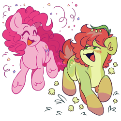 Size: 2000x2000 | Tagged: safe, artist:sillybigcat, derpibooru import, pinkie pie, oc, earth pony, pony, ambiguous gender, artfight, canon x oc, confetti, duo, eyes closed, female, green coat, mare, oc name needed, open mouth, open smile, pink coat, pink mane, raised hoof, raised leg, red mane, simple background, smiling, transparent background