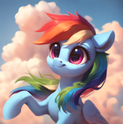 Size: 828x831 | Tagged: safe, ai content, derpibooru import, generator:purplesmart.ai, generator:stable diffusion, machine learning assisted, machine learning generated, rainbow dash, pegasus, pony, beautiful, big eyes, blue sky, cloud, cute, detailed, long hair, multicolored hair, pink eyes, prompter:saltyvity, rainbow hair, sky, smiling, solo, sunset