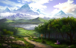 Size: 3500x2200 | Tagged: safe, artist:zetamad, derpibooru import, twilight sparkle, unicorn twilight, pony, unicorn, g4, book, cloud, female, forest, grass, high res, horn, lake, lying down, mare, mountain, nature, outdoors, picnic blanket, prone, rock, scenery, scenery porn, sky, solo, tail, tree, water
