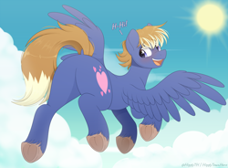 Size: 1600x1179 | Tagged: safe, artist:higglytownhero, derpibooru import, oc, oc only, oc:maxwell, pegasus, pony, butt, cloud, dialogue, dock, eye clipping through hair, flying, looking at you, looking back, looking back at you, male, open mouth, plot, rear view, sky, smiling, spread wings, stallion, sun, tail, unshorn fetlocks, wings