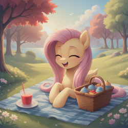 Size: 1320x1320 | Tagged: safe, ai content, derpibooru import, generator:stable diffusion, machine learning generated, fluttershy, pegasus, pony, g4, basket, beautiful, cup, cupcake, cute, eyes closed, female, flower, food, generator:bluefox mix, grass, lake, lying down, lying on the ground, mare, on ground, open mouth, open smile, outdoors, picnic, picnic basket, picnic blanket, prompter:adorablebluefox, prone, scenery, shyabetes, smiling, solo, sunset, tree, water, wings