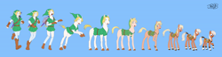 Size: 18592x4867 | Tagged: safe, artist:jowyb, derpibooru import, earth pony, pony, g4, absurd resolution, blue background, character to character, clothes, coat markings, epona, hylian, link, male to female, ponified, saddle, simple background, socks (coat marking), species swap, tack, the legend of zelda, transformation, transformation sequence, transforming clothes, transgender transformation