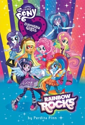 Size: 3393x5000 | Tagged: safe, derpibooru import, applejack, dj pon-3, fluttershy, pinkie pie, rainbow dash, rarity, twilight sparkle, vinyl scratch, human, equestria girls, g4, arm behind head, book cover, boots, clothes, cover, dress, eared humanization, female, group, headphones, humanized, looking at you, mane six, my little pony equestria girls: rainbow rocks, my little pony: equestria girls: rainbow rocks, official, open mouth, open smile, ponied up, raised arm, shoes, smiling, sparkles, spread wings, winged humanization, wings