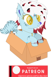 Size: 1637x2476 | Tagged: safe, artist:pure-blue-heart, derpibooru import, oc, oc only, oc:brisk bully, cat, cat pony, original species, pony, box, cat nose, coat markings, ear fluff, ears, female, golden eyes, if i fits i sits, jewelry, mare, multicolored mane, necklace, patreon, patreon logo, patreon reward, pony in a box, simple background, smiling, solo, transparent background, watermark