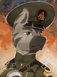 Size: 1560x2100 | Tagged: safe, artist:tekggd, derpibooru import, oc, oc only, oc:zasdrubal zarca, zebra, equestria at war mod, bust, cap, clothes, hat, military uniform, portrait, scar, solo, uniform