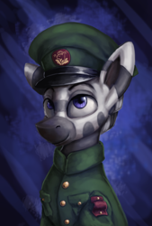 Size: 3096x4572 | Tagged: safe, artist:ryanmandraws, derpibooru import, oc, oc only, oc:ziliad annizalid, zebra, equestria at war mod, bust, cap, clothes, hat, military uniform, portrait, solo, uniform