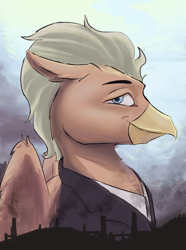 Size: 1560x2100 | Tagged: safe, artist:tofuslied-, derpibooru import, oc, oc only, oc:plumage moonfeather, hippogriff, equestria at war mod, bust, clothes, jacket, necktie, portrait, solo